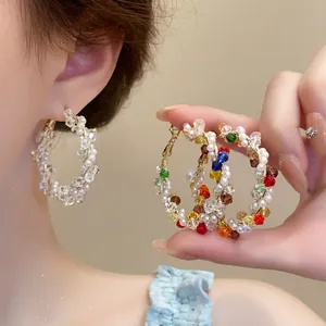 Dopamine Style Multicolor Beaded Winding Hoop Earrings For Women Alloy Artificial Pearl Rhinestone Fashion Jewelry Accessories