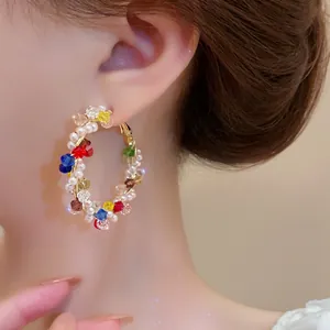 Vibrant colorful beaded hoop earrings with faux pearls, dopamine fashion jewelry for women