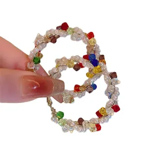 Handmade colorful dopamine beaded hoop earrings with pearls and vibrant crystal beads