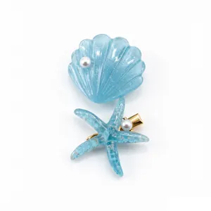 Exquisite blue resin starfish and shell hair clips with white pearls for beach style