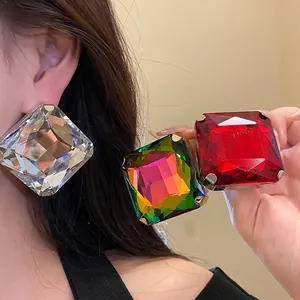 Luxurious Geometric Square Rhinestone Stud Earrings For Women Light Luxury Iron Metal Jewelry With Silver Earring Post Accessory