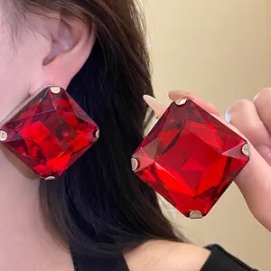 Elegant large square red gemstone stud earrings with silver needles for women