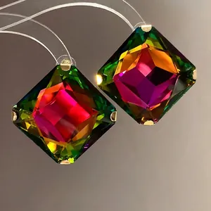 Square colorful rhinestone stud earrings featuring luxury faceted crystal design and silver needle
