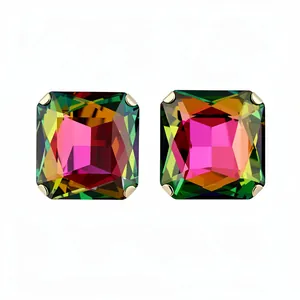 Sparkling square multi-color gemstone stud earrings with gold-tone metal setting