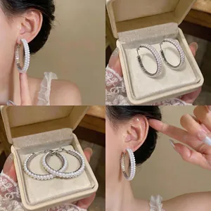 Elegant Round Hoop Earrings with Double Row Artificial Pearls 925 Sterling Silver Earring Post Fashion Jewelry for Women Wedding Banquet Party