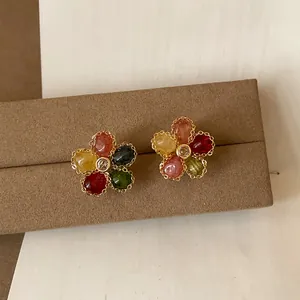 Eleganti Orecchini a Bottone a Forma di Fiore Multicolore Con Perno in Argento Zirconia Intarsiata Rame Placcato Oro Colore Gelatina per Donne