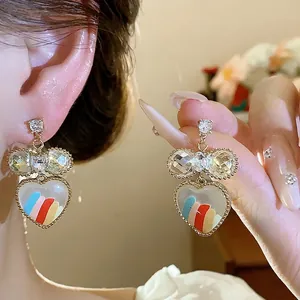 Plaqué Or 18K Alliage Coeur Strass Verre Boucles d'Oreilles Clous Tige Argent Sterling 925 Rayures Colorées Bijoux Femme