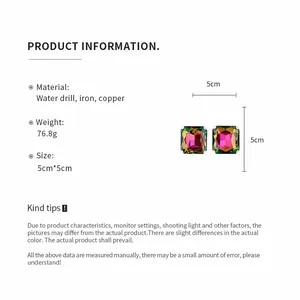 Detailed specifications for iridescent square rhinestone stud earrings, 5x5cm size.