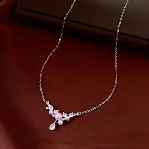 Elegant teardrop pink pearl necklace with cubic zirconia, minimalist silver clavicle chain