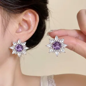 Korean Style Purple Zirconia Flower Clip-on Earrings For Women No Piercing Exquisite Light Luxury Silver Color Copper Jewelry