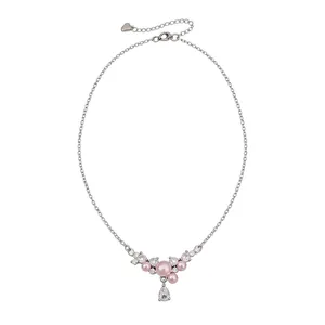Elegant silver chain necklace with pink pearls and sparkling zircon water drop pendant.
