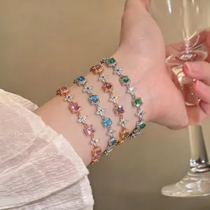18K Gold Plated Copper Bracelet For Women High-end Zirconia Inlaid Flower Geometric Round Bangle Fashion Versatile Jewelry