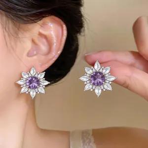 Detail view of elegant purple zircon flower ear clips for non-pierced ears on a model