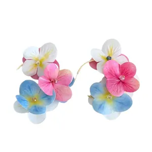 Vibrant dopamine style colorful silk flower C-shaped hoop earrings for summer vacation