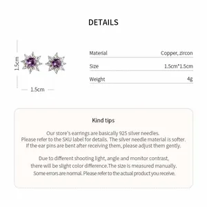 Detailed product specifications for purple zircon flower earrings with copper material info
