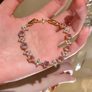 Luxury 18k gold plated bracelet with pink hexagonal stones and zirconia flowers
