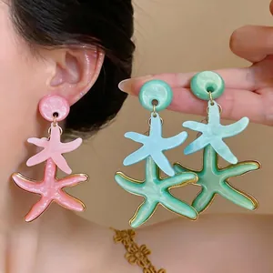 Pendientes de Botón de Estrella de Mar de Resina Con Poste de Plata de Ley 925 Estilo Vacaciones Pendientes Para Mujer
