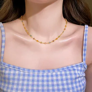 Detailed view of a colorful resin bead choker necklace elegantly worn on a female neck