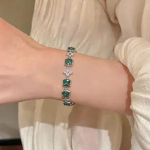 Elegant 18k gold plated bracelet with green square stones and zircon flowers for women