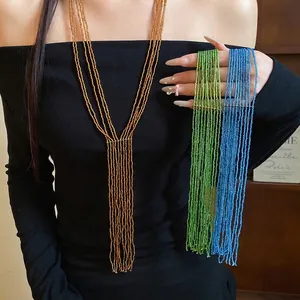 Vintage Ethnic Multi-Layered Glass Beaded Tassel Necklace For Women Light Luxury Statement Clavicle Chain Jewelry Gift