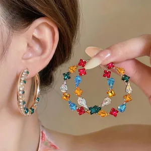 Luxury Copper Colorful Zirconia Hoop Earrings For Women 925 Sterling Silver Earring Post Square Water Drop Fashion Jewelry