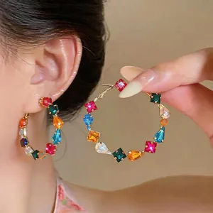 Exquisite colorful zircon hoop earrings with square and teardrop stones for women