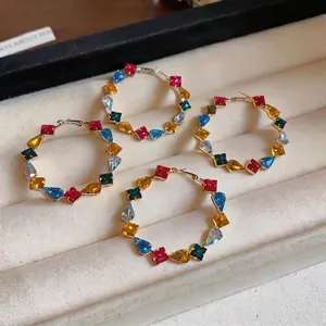 Colorful crystal hoop earrings with waterdrop and square stones in dopamine style.