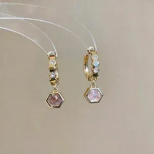 Elegant gold hoop earrings with hexagonal pink zircon pendants for women