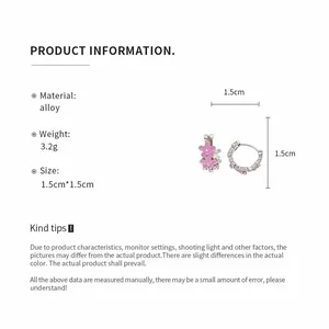 Product specifications and macro view of pink enamel flower drop hoop earrings in alloy