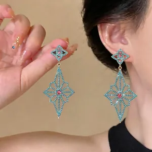 Luxury Alloy Geometric Rhombus Flower Drop Earrings With 925 Sterling Silver Earring Post Inlaid Rhinestone Jewelry For Women