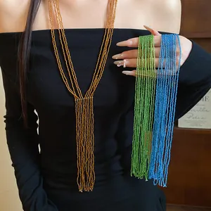 Detailed view of handmade multi-layer crystal beaded tassel necklaces in vibrant colors.