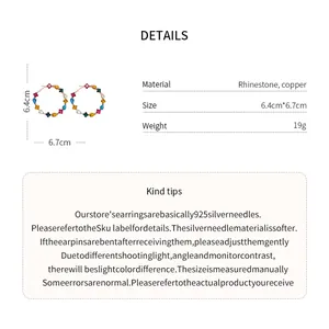 Detailed product specifications for colorful rhinestone hoop earrings with size and material info
