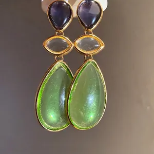 Exquisite vintage style resin teardrop earrings with layered green and purple accents