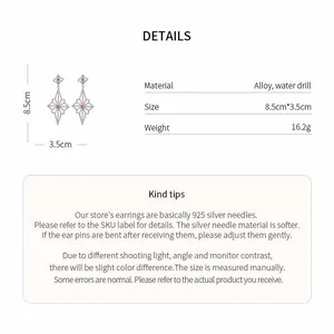 Detail view showing silver needle diamond earrings dimensions and material specs.