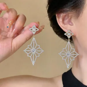 Elegant sparkling diamond geometric hollow drop earrings for women luxury jewelry