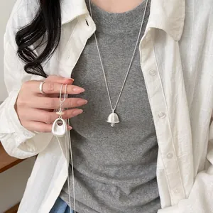 Minimalist Alloy Oval Pendant Necklace With Stone Glass Bead Elegant Vintage Matte Silver Long Sweater Chain Jewelry For Women