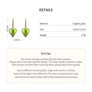 Comprehensive detail chart for green glass heart earrings showing size and weight