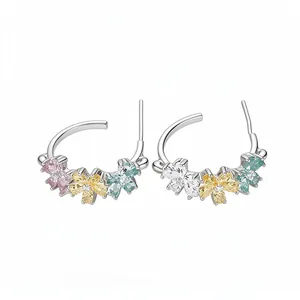Elegant silver C-shaped stud earrings with colorful zircon flower stones for women