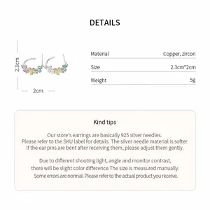 Detailed specification chart for zircon flower C-shaped earrings with 925 silver needles