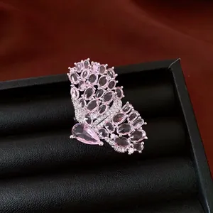 Vintage Butterfly Open Ring For Women Luxury Copper Pink Zirconia Micro Pave Adjustable Fashion Finger Ring Jewelry Gift