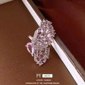 Elegant vintage micro-paved pink butterfly open ring with high-end luxury fashion feel