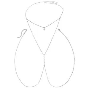 Elegant double-layer silver body chain with white pearls for sexy bikini styling.