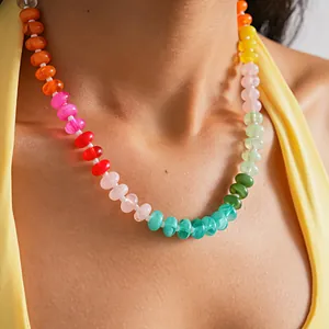Close-up of colorful acrylic beaded necklace on neck for summer vacation style.