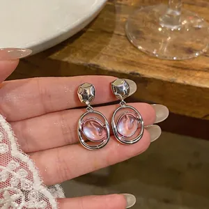 Elegant French minimalist silver earrings with pink oval acrylic drops for women
