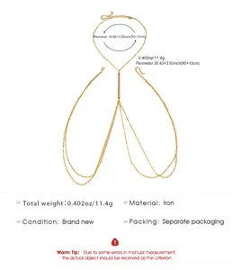 Detailed view of a gold double-layer body chain with rhinestone accents and measurements
