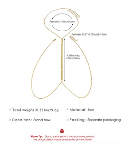 Detailed dimensions of gold double-layer body chain with weight and material info.