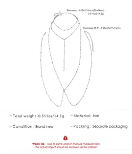 Detailed view of double-layer beaded body chain showing measurements and iron material