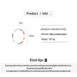 Product specifications for colorful acrylic beaded necklace showing dimensions and weight