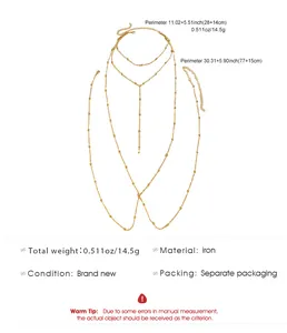 Detailed view of the golden beaded double-layer body chain with size and material specs.