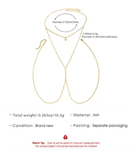 Detail view of golden double-layer body chain with specific measurements and material specs